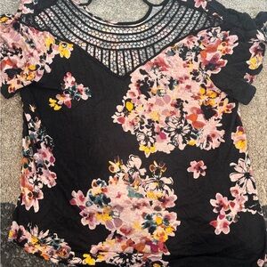 Maurices Black Floral Cold-Shoulder Top with Crochet Yoke